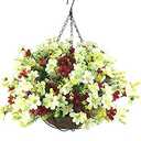 Lopkey Artificial Daisy Flowers Outdoor Indoor Patio Lawn Garden Hanging Basket with Chain Flowerpot, White-Red