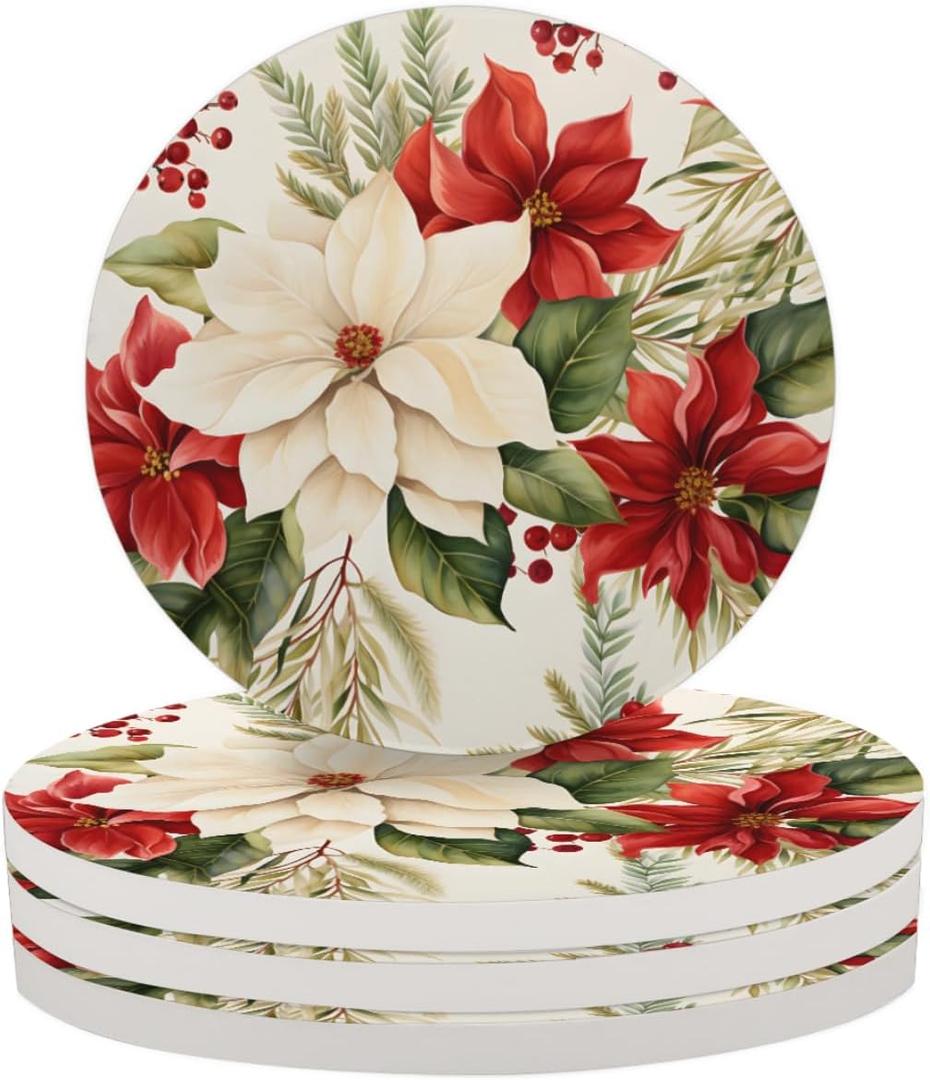 Ceramic Coasters for Drinks Set of 4 - Absorbent Stone Cup Mat with Non-Slip Cork Backing Absorb Spill Coffee Coaster Tabletop Protection for Cup Kitchen Home Decor, Christmas Poinsettia