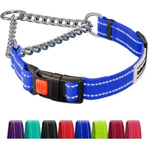 CollarDirect Martingale Dog Collar with Stainless Steel Chain and Quick Release Buckle - Reflective Collar for Large, Medium, Small Dogs - Blue, Medium (Neck Size 14"-17")