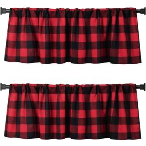 Jola's House 2 Pack Buffalo Check Plaid Window Valances Red and Black Light Filtering Farmhouse Design Window Curtains Decor Treatment Rod Pocket Drapes for Kitchen/Living Room 56" x 16"