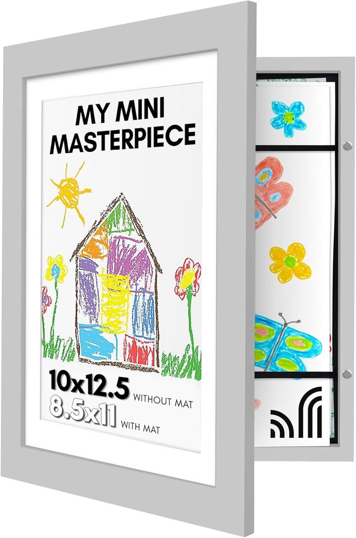 Americanflat Kids Artwork Frame Changeable (Gray) - Magnetic Door Holds 100 Art Pieces - 8.5x11 Letter Size Display with Mat or 10x12.5 Without Mat - My Mini Masterpiece