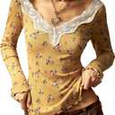 SweatyRocks Women's Floral Print Sexy Lace Trim Long Sleeve Shirts Low Cut V Neck Y2k Fitted Going Out Tops (Large)