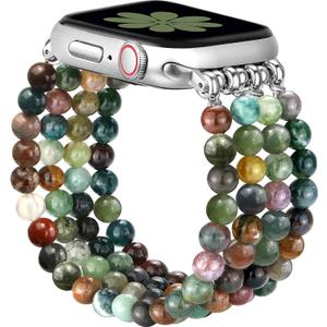 JR.DM Natural Stone Beaded Bracelet Bands for Women Compatible with Apple Watch 40mm 41mm 38mm 42mm(S10/11) Comfort Cool Elastic Strap Replacement for iWatch Series 11/10/9/8/SE/7/6/5/4/3/2/1 (Indian Agate)
