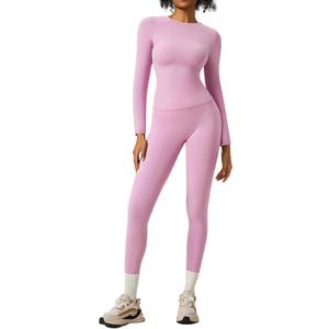 RXRXCOCO Slim Fit Workout Sets for Women 2 Piece Hidden Scrunch Leggings Long Sleeve Yoga Tops Matching Set Gym Outfits, Large