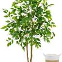 Warmplants Artificial Ficus Tree, 4ft Tall Fake Ficus Tree with Basket, Faux Plant for Indoor Outdoor Home Livingroom Office Garden Porch Dcor