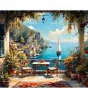 Coastal Scene Paint by Numbers Kit for Adults - DIY Mediterranean Balcony with Sailboats and Flowers Painting on Canvas 16x20In, Acrylic Paint Set for Beginners, Art for Home Decoration or Gifts