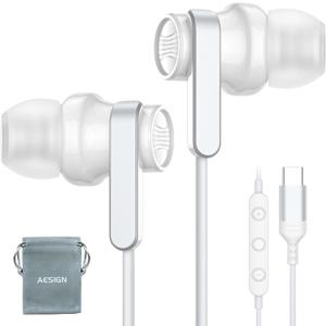 USB C Headphone for Samsung S25 S24 S23 Ultra FE S22 A16 A55 A54 Wired Earbuds Magnetic in-Ear Type C Earphone with Microphone Volume Control Stereo Noise Canceling for iPhone 16 Pro Max Pixel 9 8a (White)