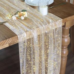 Horbaunal 2 Pack Beige Gold Gauze Table Runners 10 FT, Sheer Chiffon Tulle Cheesecloth Runner with Golden Glitter Metallic Foil, Gold Table Runner for Wedding Birthday Baby Shower Party Decorations