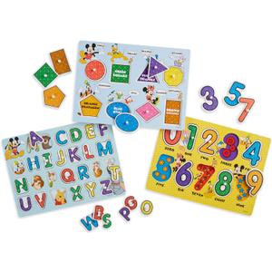 Melissa & Doug Disney Wooden Peg Puzzles Set: Letters, Numbers, and Shapes and Colors
