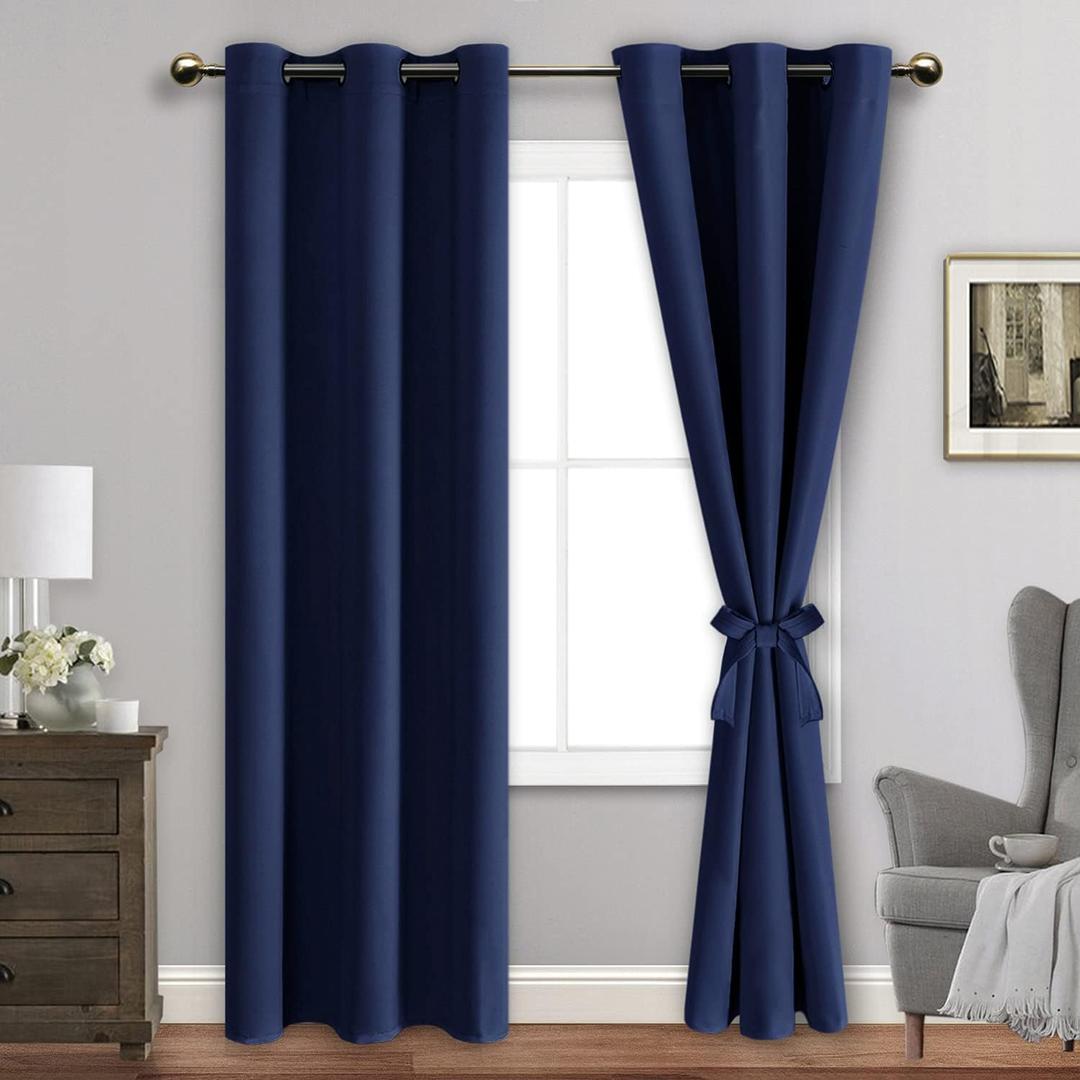 JIUZHEN Blackout Curtains with Tiebacks - Thermal Insulated, Light Blocking and Noise Reducing Grommet Curtain Drapes for Bedroom and Living Room, Set of 2 Panels, 42 x 84 Inches Long, Navy Blue
