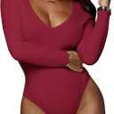 GEMBERA Women's Deep V Neck Long Sleeve Bodysuit Ribbed Knit Bodycon Basic Bodysuit Tops (Large, Burgundy)
