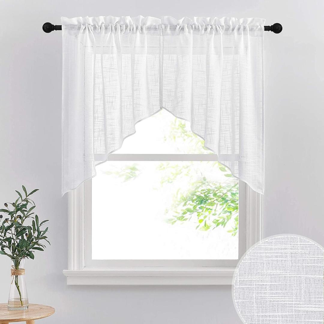 RYB HOME Short Kitchen Valances and Curtain Set, Privacy White Linen Swag Curtains, Semi Sheer Bathroom Tiers for Small Windows, 36 x 36 inch, 1 Pair