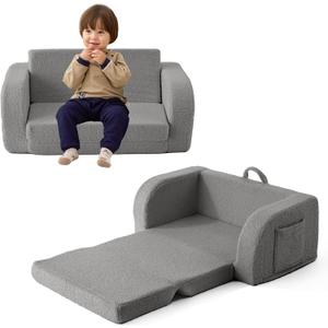 Toddler Couch, 2-in-1 Toddler Chairs Comfy 1-3 Years Old, Toddler Chair for Girls and Boys, Kids Couch Bed Fold Out, Convertible Baby Sofa to Lounge Chair for Playing, Reading, Napping, Double, Grey (Large)