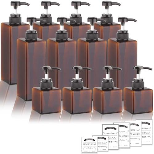 Amorettise 11 Pack Shampoo and Conditioner Dispenser Bottles, 7 Pack 22 Oz and 4 Pack 7 Oz Refillable Square Plastic Pump Bottles, Shower Soap Dispenser for Shampoo Conditioner Body Wash, Amber 