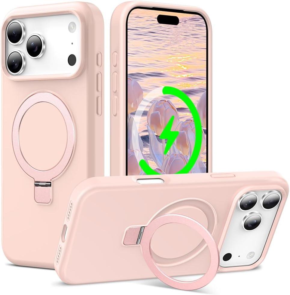 ZHK Liquid Silicone Designed for iPhone 17 Pro Max Case with Magnet Stand, [Precise Camera Lens Protection][Mil-Grade Drop Shockproof][Soft Anti-Scratch Microfiber Lining] Slim Fit Cover, Pink