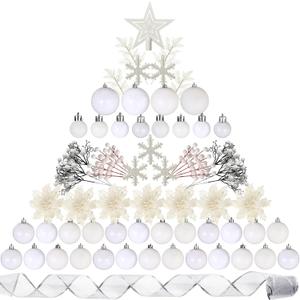 Sratte 94 Pcs Christmas Tree Decorations Set, Christmas Tree Ball Ornaments Glitter Poinsettia Flowers Decorations Glitter Berries Stems for Xmas Holiday Wedding(White)
