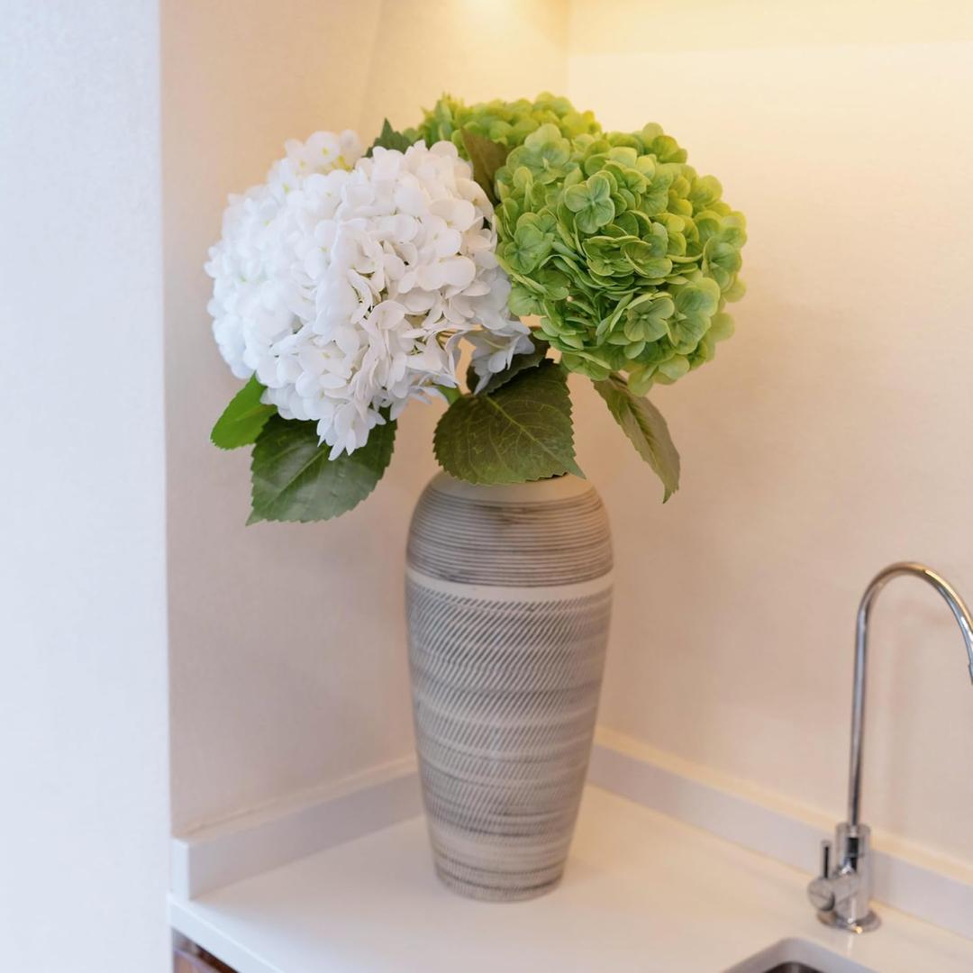 WILD WORKS 4 Pcs 21" Hydrangea Artificial Flowers, Green and White Latex Real Touch Faux Hydrangeas for Bouquets Wedding Party Table Centerpieces Indoor Home Decorations Outdoors, Mother's Day