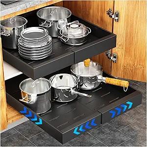 YFXCVSL Pull Out Cabinet Organizer, 21" Deep Expandable(12.6''-20.5'') Pull Out Drawers for Cabinets, Slide Out Cabinet Organizers with Adhesive Nano Film for Kitchen Cabinet Organization (Black)
