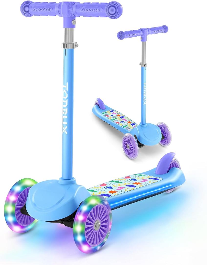 TONBUX TONBUX Kids Scooter for Ages 3-8, Toddler Scooter with Light-Up Wheels, Adjustable 4-Level Height 3-Wheel Scooters for Kids, Lean-to-Steer Design