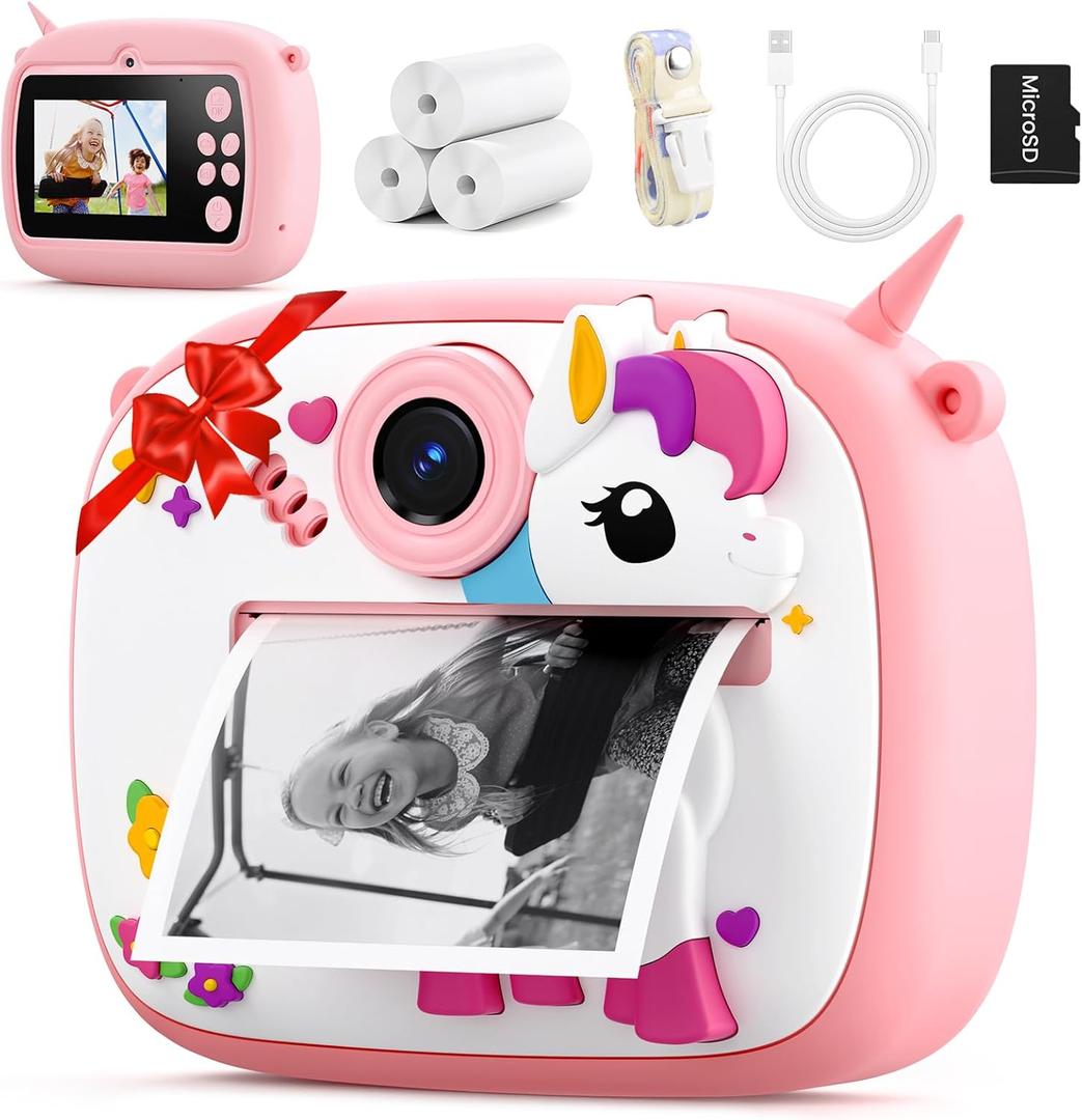 Kids Camera Instant Print, Kids Digital Camera with Photo Printing, Print Paper & 32GB Card, Kids Print Camera Birthday Gifts for Girls Boys 3 4 5 6 7 8 9 10 Year Old (Pink Unicorn)