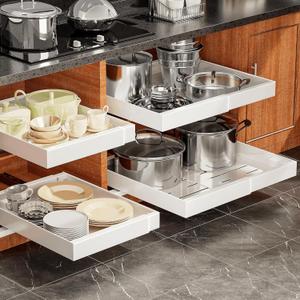 4Pack Expandable Pull Out Cabinet Organizer 21" Deep - Sliding Drawer Organizer Roll Out Shelves Adhesive - Adjustable Width 15.2"-26.2" W (White)