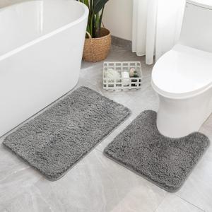 MIULEE Microfiber Bathroom Rugs and Mats Sets 2 Pieces Extra Thick Non Slip Bath Mat and U-Shaped Contour Toilet Rug for Bath Room Floor Restroom, 20"x30"+20"x20", Grey