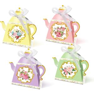 Partystadl 24 PCS Floral Tea Party Favor Bags Teapot Favor Boxes Tea Time Party Decorations for Birthday Wedding Bridal Baby Shower Tea Party