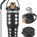 MUKOKO 32 oz Glass Tumbler with Straw,Glass Water Bottles with Time Marker,Iced Coffee Cup with 2 Lids-Handle Spout Lid&Straw Lid,Silicone Sleeve,Leakproof,1 Pack-Black