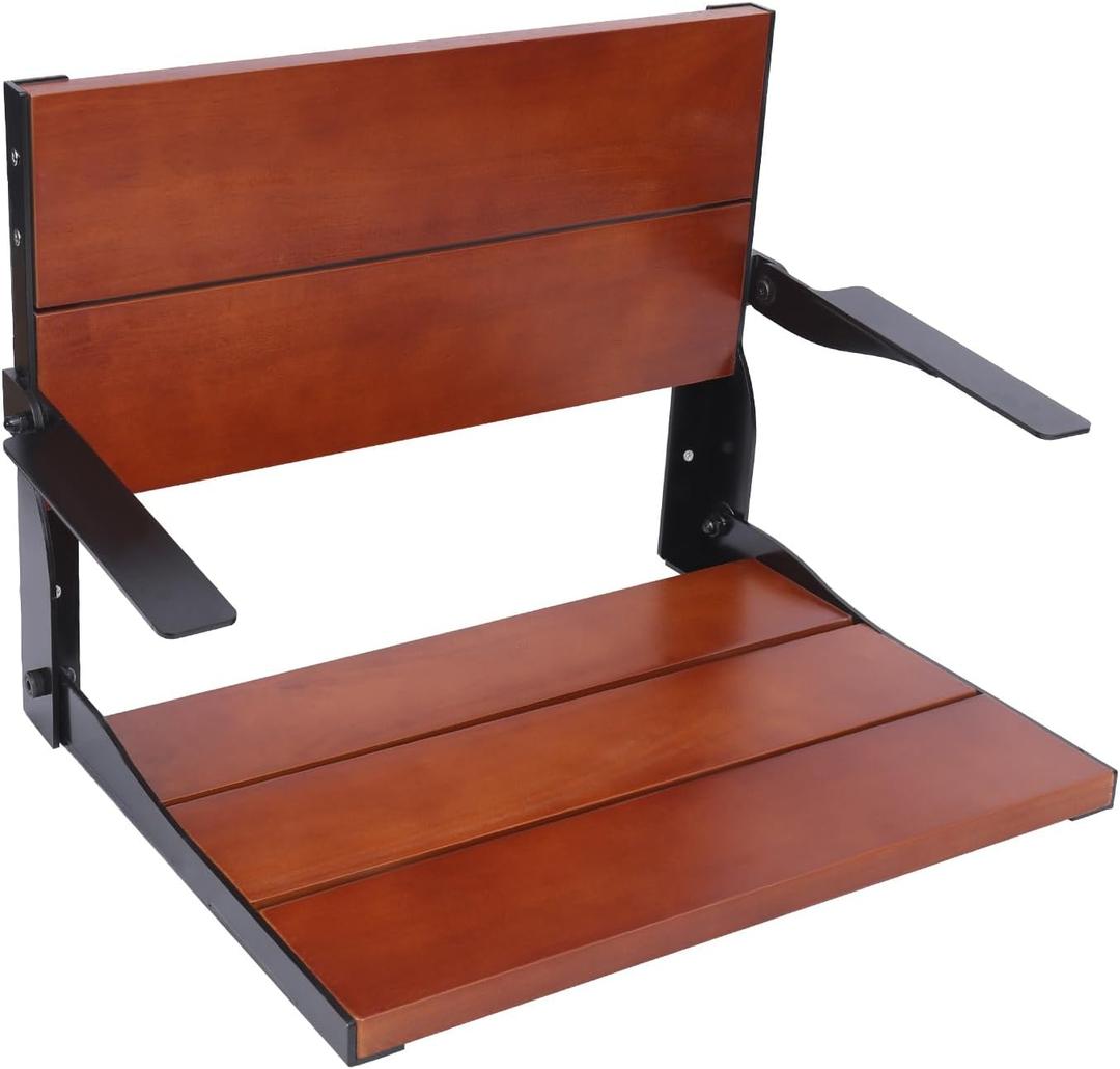 Folding Shower Seat Wall Mounted with Arms and Back, 20 x 15 in Fold Down Shower Chair for Seniors Adults, Wood Shower Bench with Black Frame, Fold Up Seat for Inside (20 * 15 INCH)