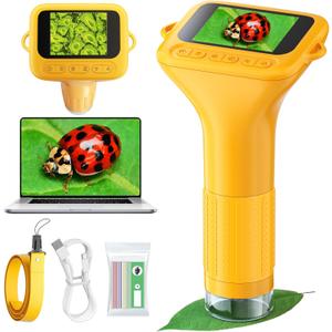 Microscope for Kids with 12 Slides, Digital Handheld Kids Microscope, Mini Portable Pocket Miniscope Science Toys Gifts for 3+ 4 5 6 7 8 9 10 11 12 Year Old Boys Girls, Orange