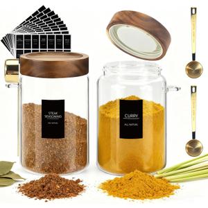 Airtight Glass Storage Jar with Lids Spoons Labels Coffee Ground Canister Sugar Container for Coffee Beans Nut Pasta Sugar Candy Spice Rice Loose Tea(900ml/30oz-2Pack)