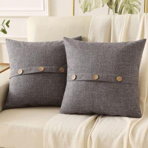 HAUSSY Dark Grey Linen Decorative Throw Pillow Covers 14x14 Inch Set of 2,Square Cushion Case with 3 Vintage Buttons,Modern Farmhouse Home Decor for Couch,Bed (14" x 14" (Pack of 2), Dark Grey)