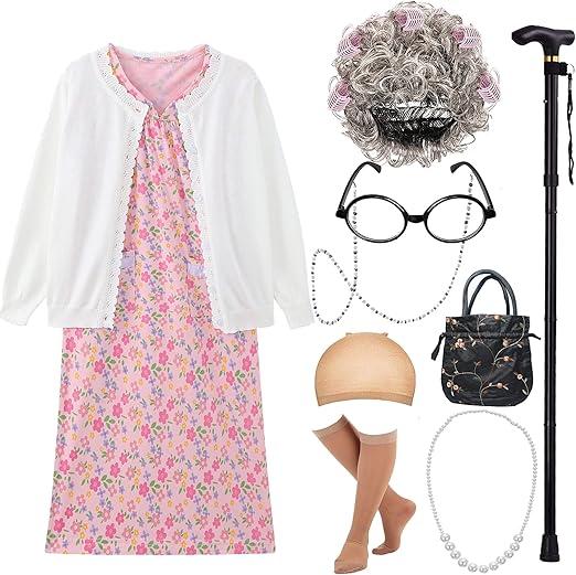 EBYTOP Old Lady Costume for Kids Halloween 100th Day of School Girls Dress up Granny Wig Grandma 100 Days Glasses Cane,1PK 46 Years