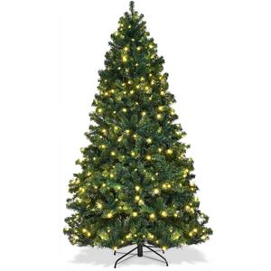 6ft Pre-Lit Artificial Christmas Tree with Warm White Lights & Sturdy Metal Stand Realistic Green Spruce Xmas Tree Holiday Christmas Pine Tree for Home, Office and Xmas Party Decoration, Easy Assembly