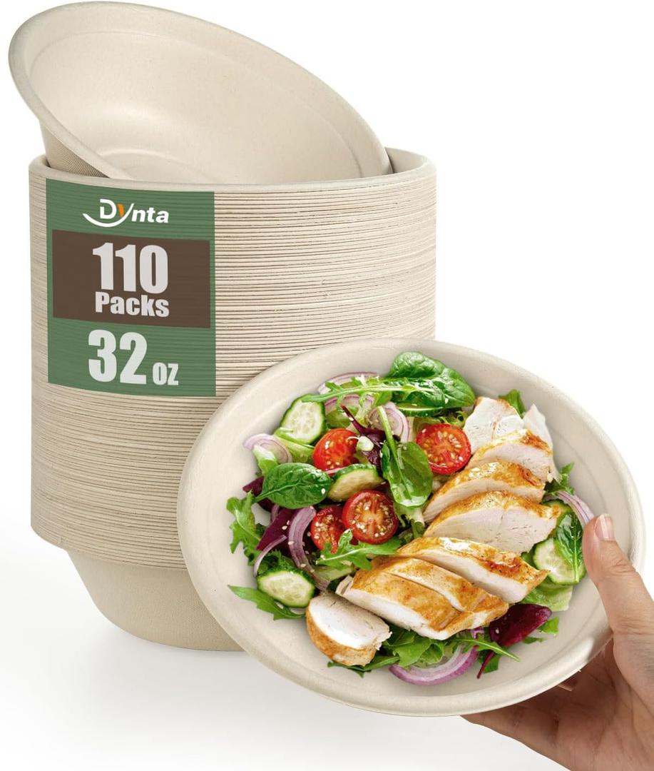 Dynta 110 Pack 32oz Paper Bowls, Large Compostable Disposable Bowls for Salads, Soups & Dog Feeding | Microwave & Freezer Safe (Natural Brown)