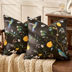 MUSSEL Brown Floral Pillow Covers 18x18 Set of 2, Velvet Wild Flower Plant Throw Pillows Case, Square Farmhouse Decor Cushion Covers for Home Sofa Bed Couch