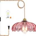 QIYIZM Pink Plug in Pendant Light Glass Hanging Lights with Plug in Cord Boho Hanging Lamp Gold Mid Century Modern Vintage Dimmable Flower Plug in Chandelier Ceiling Fixture for Living Room,Bedroom