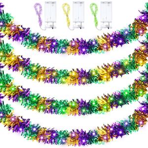 Boao 6 Pcs/39 ft Mardi Gras Decoration Tinsel Garland with LED Light 6.5 ft Each Mardi Gras Metallic Streamers Battery Operated Lighted Hanging Decor for Carnival Party Supply(Battery Not Include)