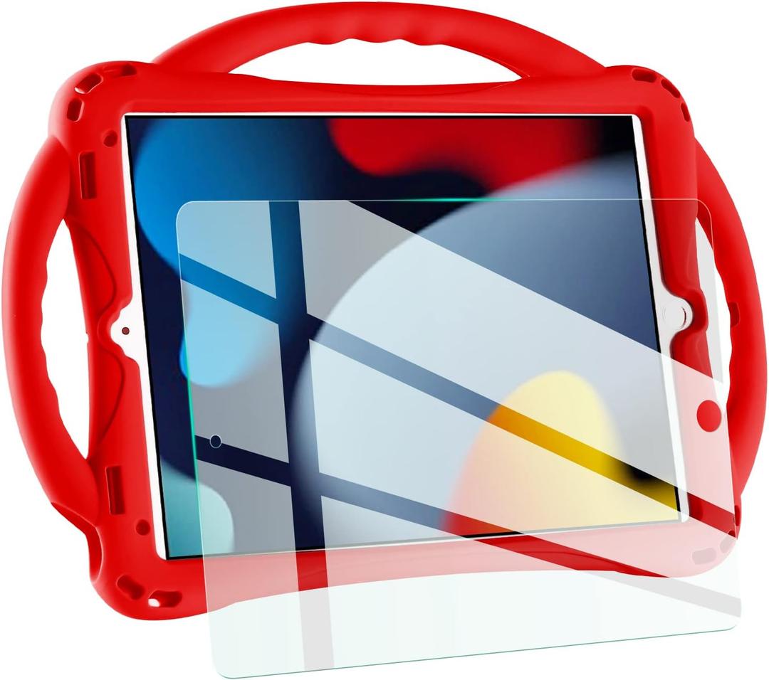TopEsct Kids Case for iPad 10.2 inch - Shockproof Silicone Cover with Tempered Glass Screen Protector and Strap - Compatible with iPad 9th/8th/7th Gen (2021)"(Red)