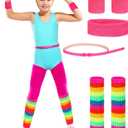 Cuffbow 6 Pcs Kids 80s Workout Costume Accessories Set Include Neon Leotard Legging Leg Warmers Wristband Headband Belt (2-3 Years)
