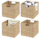 mDesign Seagrass Woven Cube Basket Organizer with Handles - Storage for Bedroom, Office, Living Room, Bathroom, Perfect for Cubby Storage Units - Hold Blankets, Magazines, Books - 6 Pack - Brown Wash