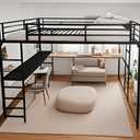 Full Size Loft Bed with L-Shaped Long Desk, Heavy Duty Metal Loft Bed Frame with Safety Guard & Ladder for Bedroom, No Box Spring Needed, Black