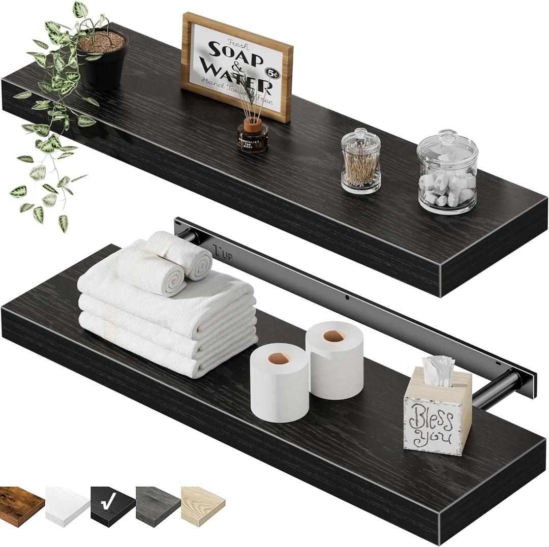 QEEIG Floating Shelves for Wall 23.6" Long - Wall Mounted Shelf Bathroom Kitchen Living Room Bedroom Farmhouse Home Decor Display Bookshelf Large 23.6 x 9.3 inch Set of 2, Black (008-60B)