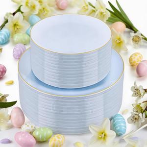 PULOTE 100PCS Blue Plastic Plates - Disposable Light Blue Include 50 Dinner & 50 Dessert/Salad Plates for Party, Wedding & Easter