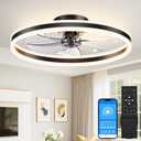 VOLISUN Low Profile Ceiling Fans with Lights and Remote, 27.6in Flush Mount Ceiling Fans with Light, 3000K-6500K Dimmable Fandelier LED Fan Light, Black Bladeless Ceiling Fans with Lights for Bedroom