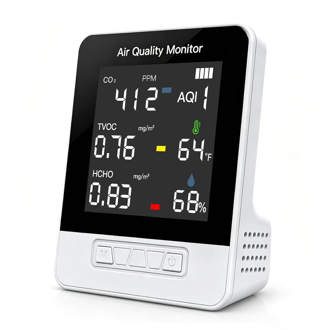 6-in-1 Air Quality Monitor, Smart Indoor CO2 Detector & HCHO TVOC AQI Tester, Accurate Temperature Humidity Meter with Color Display for Home, Bedroom, Office, Car, USB Powered (Not Battery Operated)