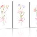 AUUAUU 3 Pcs Framed Watercolor Floral Wall Art Canvas Print Set, Modern Botanical Aesthetic Posters 16x24 Inch Pastel Pink Ribbon Flower Wall Decor for Girls Bedroom Nursery Living Room Kitchen