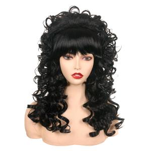 FantaLook 80s Long Curly Vintage Cosplay Wig with Bang for Women 60 70s Queen Costume for Halloween Party (Black)