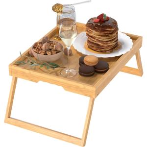 Bamboo Bed Tray Table with Foldable Legs, Breakfast in Bed Tray for Eating, Kitchen Serving Trays, Folding Table for Sofa, Beds, Eating, Working, Used As Laptop Desk Snack Trays, Brown (Medium)