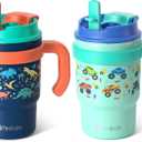Fimibuke 16oz Kids Insulated Tumbler with Handle & Straws - 2 Pack BPA FREE 18/8 Stainless Steel Toddler Cups with Sip/Swig 2-in-1 Lids, Leak Proof Kid Drinking Cup Travel Mugs for Children Boys Girls (B4.Dinosaur & Monster Car)